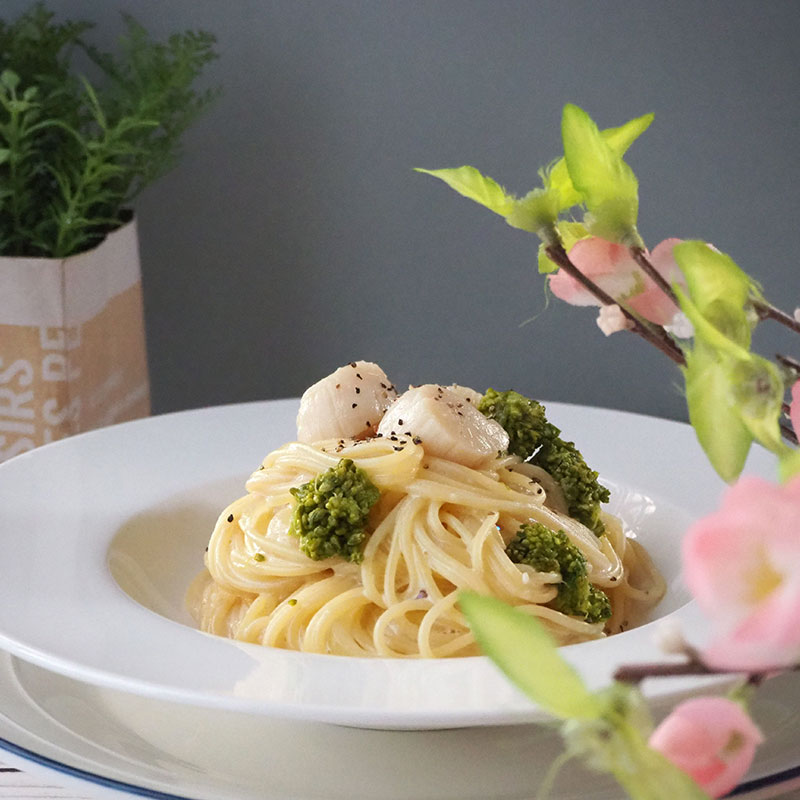 ホタテの菜の花の味噌クリームパスタ